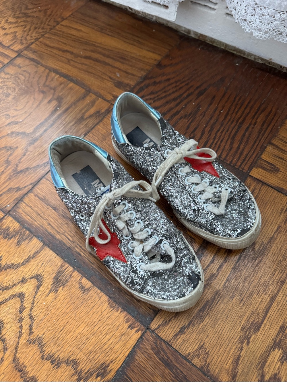 Women’s Golden Goose Glitter Star Lace-Up Sneakers, Silver/Red/Blue, size 5